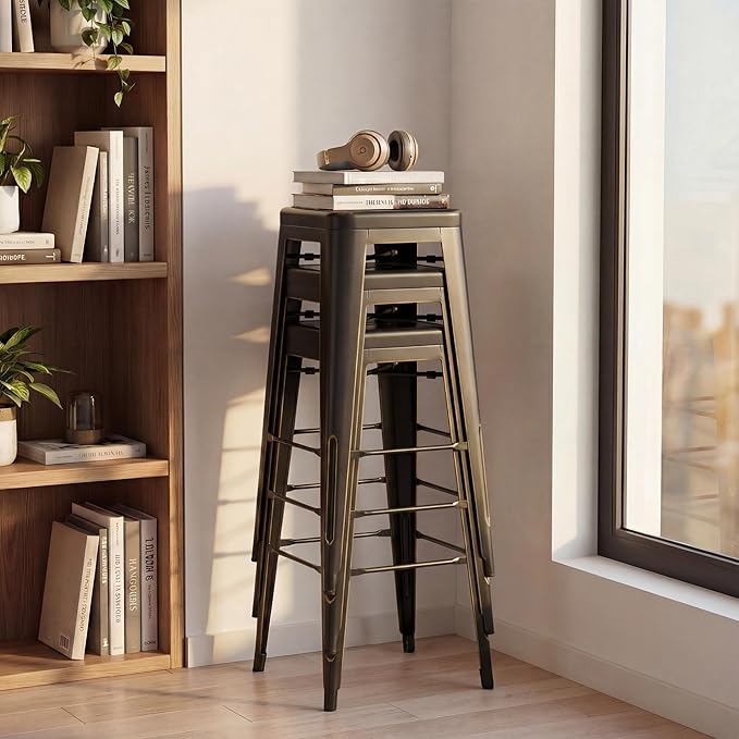 Shahoo 30 Inches Metal Bar Stools Counter Height Stackable Backless Stools, Industrial Patio Stools Indoor Outdoor Metal Kitchen Stools Set of 4 (Black Gold, 30'')