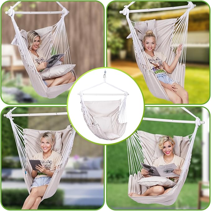 Backyard Expressions Hanging Hammock Chair Swing with Cushions & Hanging Kit – 500 lb Capacity, Cotton Blend Fabric, for Indoor/Outdoor Use – Includes Chain, Hooks & Spring – 5 Colors