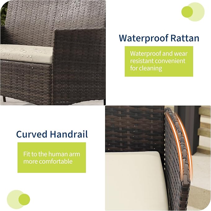 GAOMON 4-Piece Patio Furniture Set, Modern PE Rattan Conversation Set with 2 Chairs, Loveseat & Tempered Glass Coffee Table, All-Weather Outdoor Seating for Garden, Porch, Balcony, Poolside