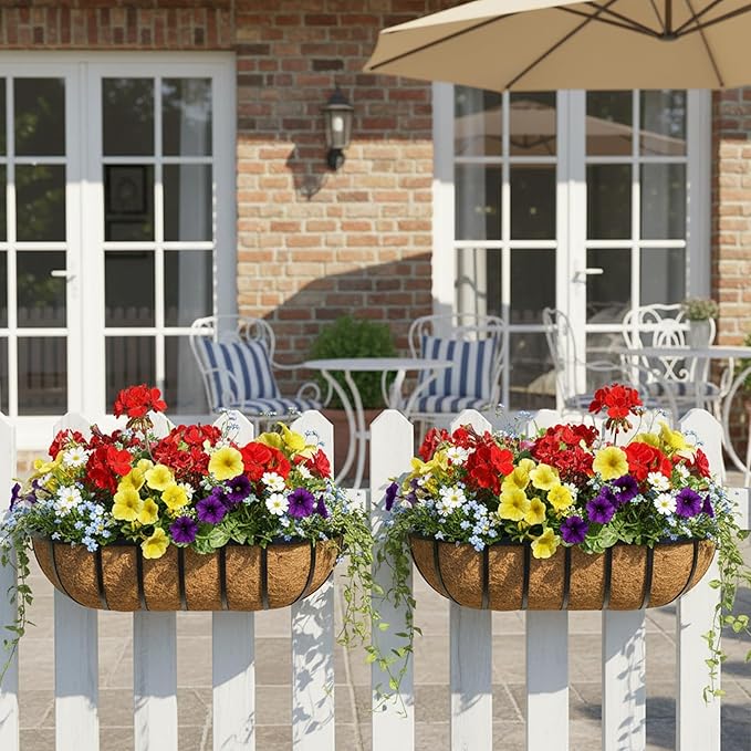 24 Inch Railing Planter Window Box Deck Balcony Rail Planter with Coco Liner Metal Wall-Mounted Coconut Liner Planter Basket English Horse Trough Planters for Outdoor Balcony Porch Fence (2 Pack)