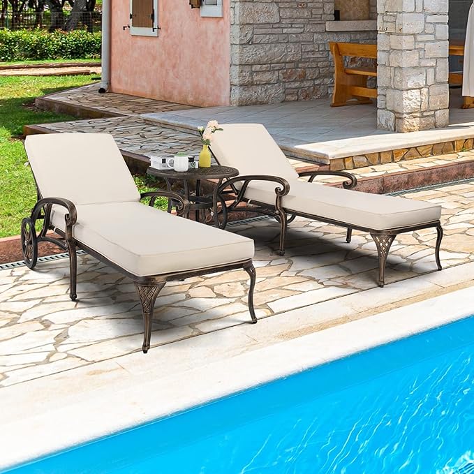 VINGLI Cast Aluminum Outdoor Chaise Lounge Chair with Wheels, Patio Chaise Lounge with 3-Position Adjustable Backrest, Tanning Chair Reclining Chair for Poolside (Bronze, with Cushion)