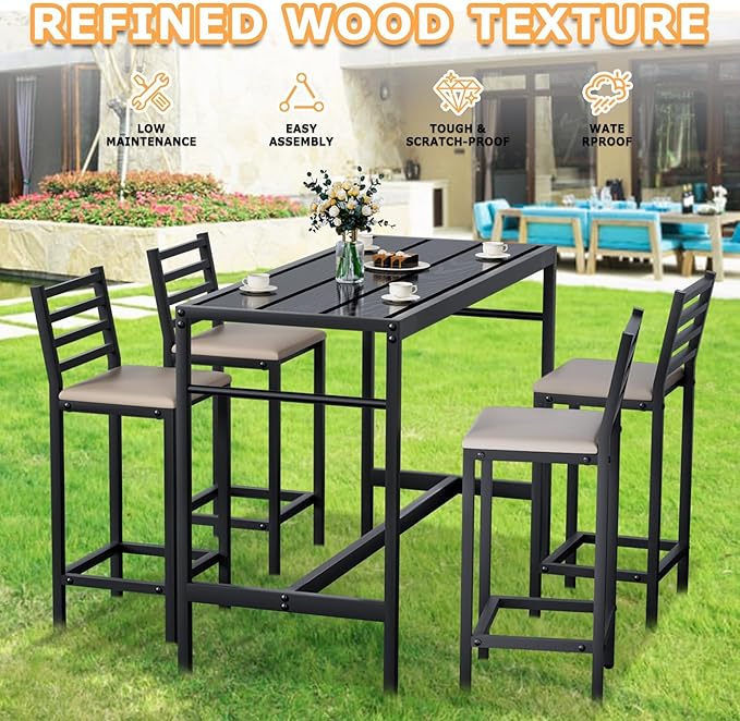 5 Piece Outdoor Patio Bar Set, 50" Rectangular Counter Height High Top Bar Table Patio Bar Set, 4 Cushioned 41" Bar Stools Modern Metal Outdoor Bar Set for Poolside, Balcony, Backyard, Porch
