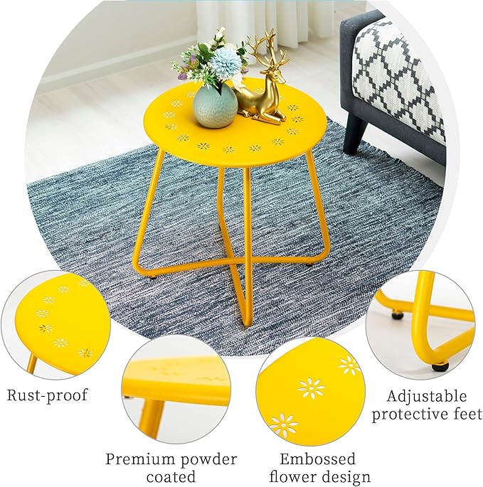 danpinera Outdoor Side Tables with Flower Cut Outs, Weather Resistant Steel Patio Side Table, Small Round Outdoor End Table Metal Side Table for Patio Yard Balcony Garden Yellow