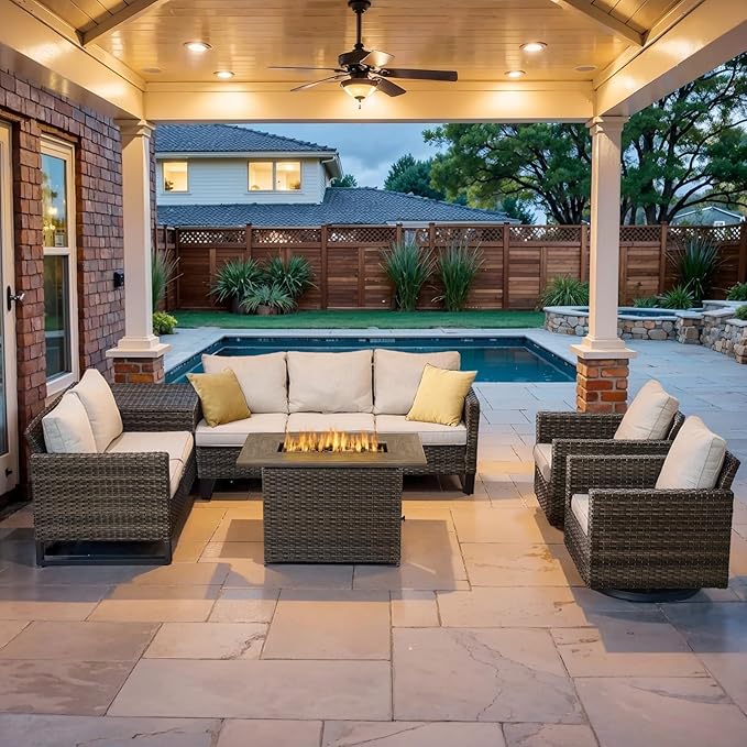Belord 6-Piece Outdoor Sectional Furniture Set with 41” Fire Pit Table, 5-Seater Patio Furniture Set with Swivel Glider Chairs & Storage Box, 50000 BTU Propane Fire Pit Table, All-Weather PE Wicker