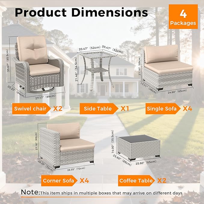 10-Seat Modern Patio Furniture Set with Swivel Rocking Chairs, Thick 4″ Cushions, Dual-Strand Wicker Rattan, Rust-Resistant Steel Frame – Outdoor Conversation & Modular Sectional,Beige