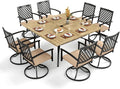 PHI VILLA 9 Pieces Outdoor Dining Set for 8, 60" Square Metal Steel Table with Wood-Like Tabletop & Swivel Wrought Iron Chairs with Cushions, Large Outside Furniture Set for Patio, Deck, Yard, Porch