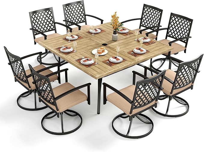 PHI VILLA 9 Pieces Outdoor Dining Set for 8, 60" Square Metal Steel Table with Wood-Like Tabletop & Swivel Wrought Iron Chairs with Cushions, Large Outside Furniture Set for Patio, Deck, Yard, Porch