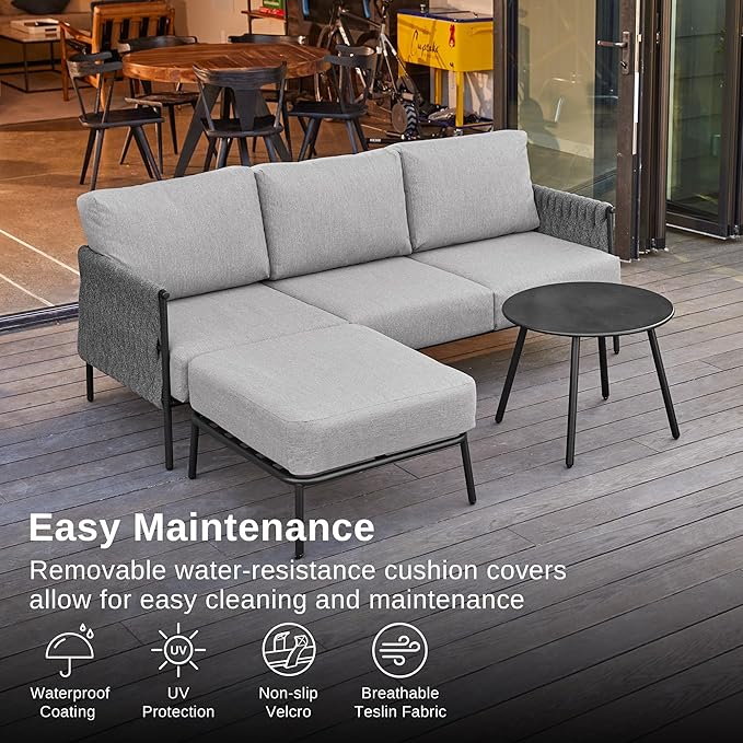 East Oak Patio Furniture Set, Outdoor Furniture Sectional Sofa Set with Round Coffee Table, 4 Seats Sofa Deep Seating with Thick and Washable Cushions, Earth Black & Misty Grey
