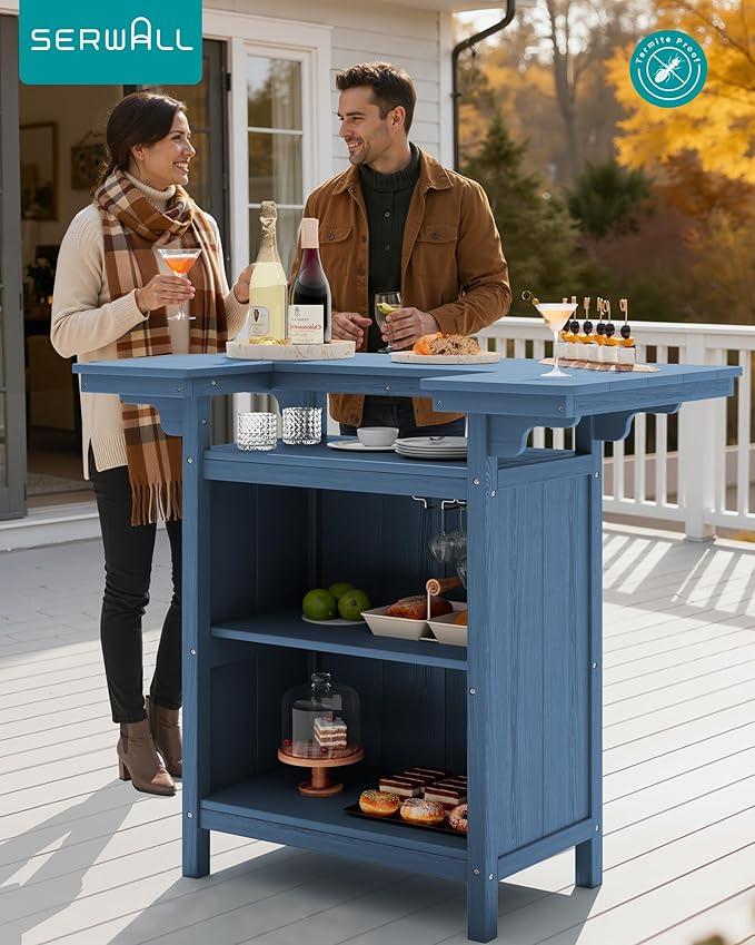 SERWALL Outdoor Bar Table,Patio Bar Cabinet with 4-Tier Storage and Spacious Tabletop for Outside,Poolside, Backyard,Made of HDPE,Blue