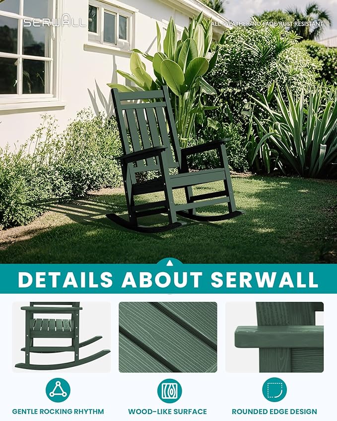 SEWALL HDPE Rocking Chair, Oversized Outdoor Rocking Chair for Adults, Patio Rocker for Porch, Green
