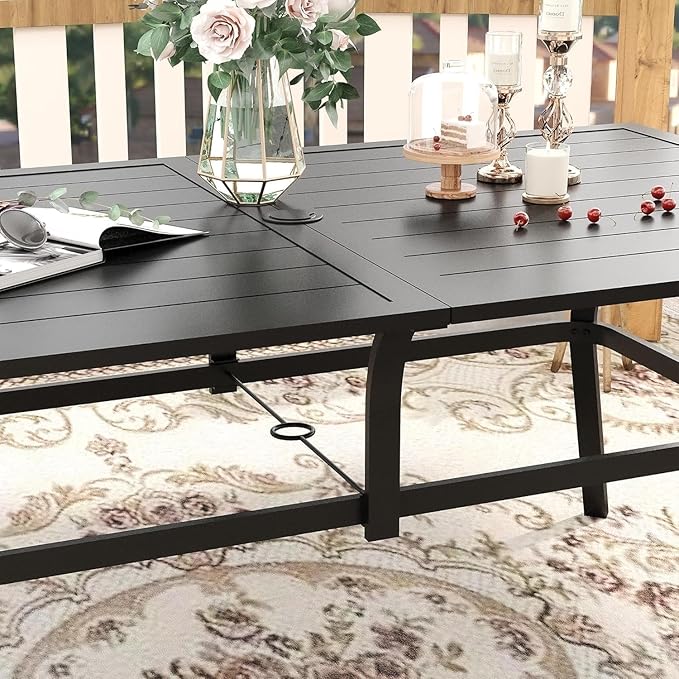 VICLLAX 7 Pieces Patio Dining Set for 6, Outdoor Furniture Set Includes 59" Rectangle Outdoor Table and 6 Stackable Patio Sling Chairs, Black Tabletop and Blue Fabric