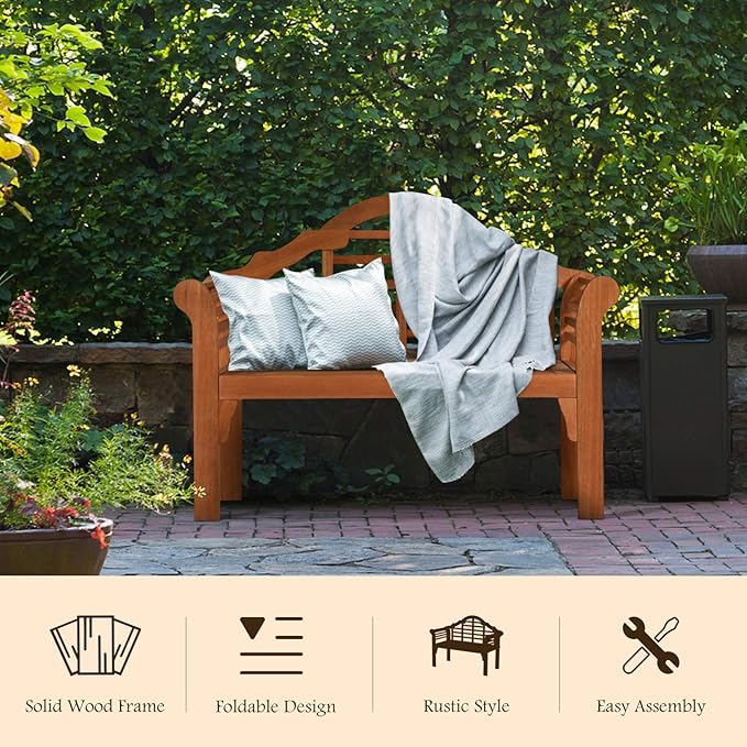 COSTWAY Folding Wooden Bench Outdoor, Crown-Like High Backrest, Patio Eucalyptus Wood Bench for Garden, Park & Porch