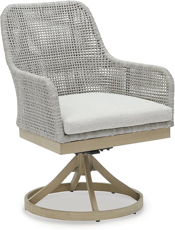 Signature Design by Ashley Seton Creek Cottage Nuvella Weather Resistant Fabric Outdoor Swivel Dining Chair with Cushion, Set of 2, Light Brown & Light Gray