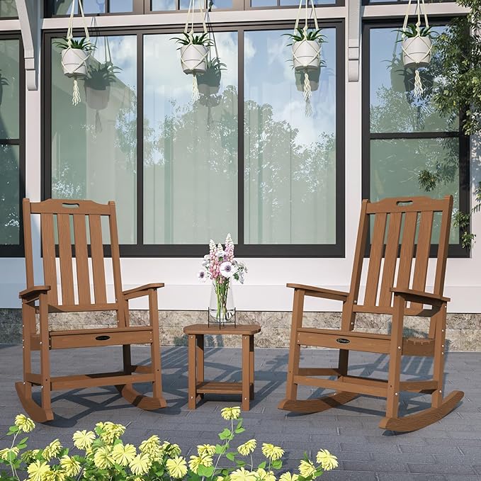 Oversized Rocking Chair Set of 2, Outdoor Rocking Chair for Adults, All Weather Resistant Porch Rocker for Lawn Garden, Wood