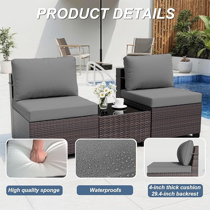 ALAULM Patio Furniture Set with Coffee Table, 7 Pieces Outdoor Sectional with Wide Seat and Thick Cushion, All Weather Wicker Rattan Conversation Set for Backyard, Garden, Deck, Grey