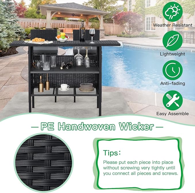 ECOTOUGE Black Wicker Bar Table, Outdoor Patio Console Table Serving Table, Mini Outdoor Bar Patio Counter with Steel Shelves & Hanging Wine Glasses, Ideal for Garden, Backyard