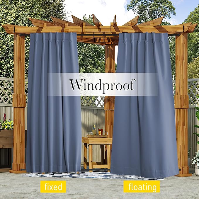 NICETOWN 2 Panels Outdoor Curtains Waterproof Pocket & Back Tab on Top & Bottom, Thermal Insulated Windproof Sun Blocking Outside Privacy Drapes for Patio with Fixed Rope, W84 x L84, Stone Blue