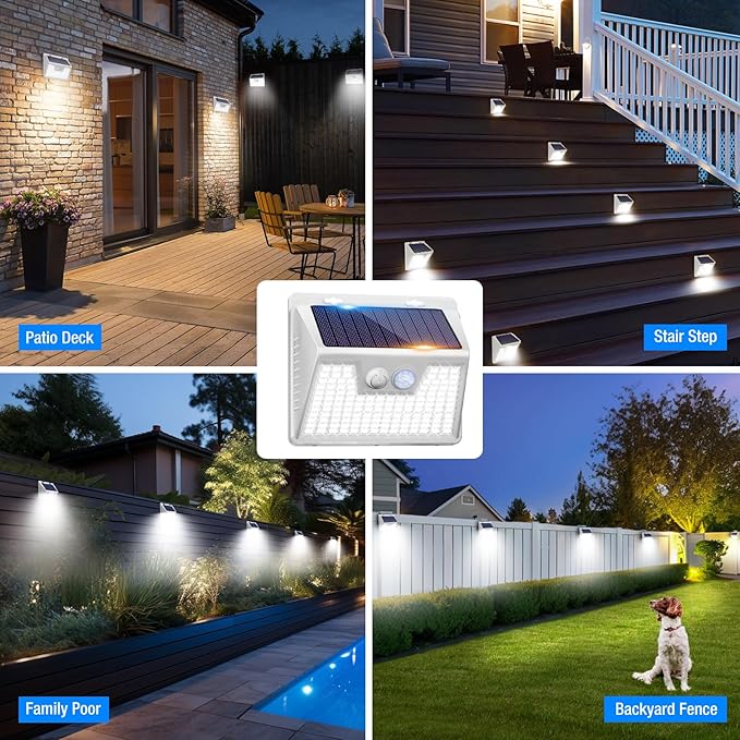 Peasur White Solar Lights Outdoor Waterproof, 8 Pack 140LED Bright Motion Sensor Security Lights 3 Modes, Solar Powered Fence Wall Light for Garden Yard Outside