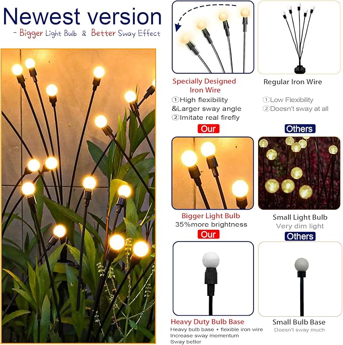 TONULAX Solar Garden Lights - Upgraded Solar Swaying Light, Sway by Wind, Outdoor Lights, Yard Patio Pathway Decoration, High Flexibility Iron Wire & Heavy Bulb Base, Warm White(8 Pack)