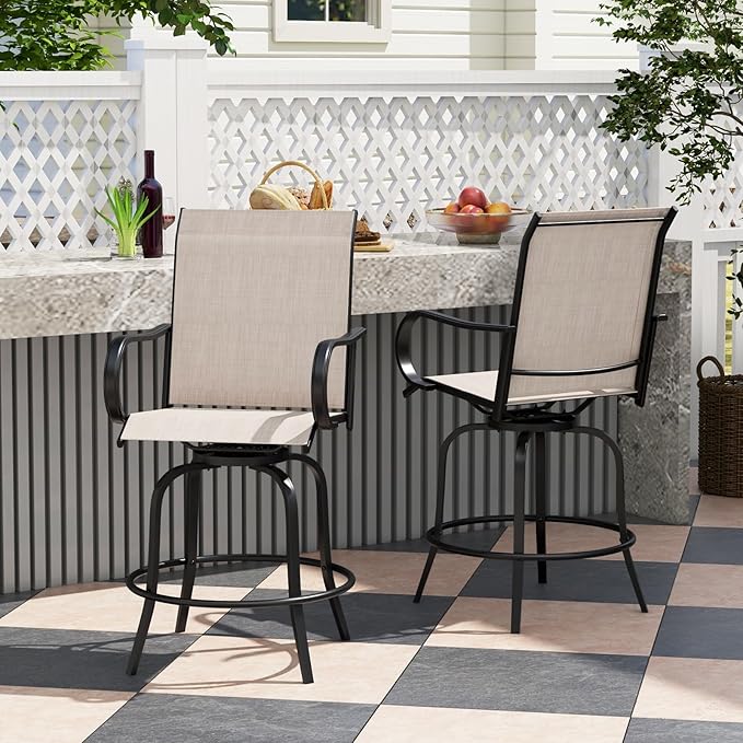 Giantex Set of 2 Swivel Outdoor Bar Stools, All-Weather Bar Height Patio Chairs, 330LBS Capacity, 360 Rotating Outside Bar Chairs with High Back Armrests, for Porch Yard Lawn Garden Pool (Grey)