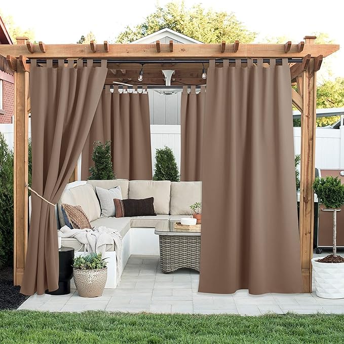 NICETOWN 2 Panels Outdoor Curtains for Patio Waterproof Vertical Blind, Detachable Sticky Tab Top Thermal Insulated Privacy Protected Outdoor Divider Window Treatment for Pergola, W52 x L108-Inch, Tan