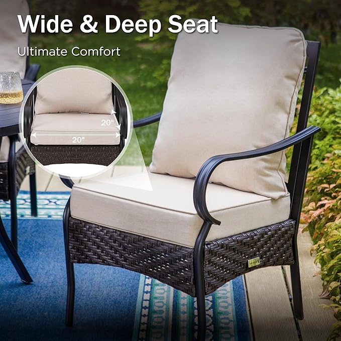 PHI VILLA 5-Piece Outdoor Dining Sets, All-Weather Patio Table and Chairs Set for 4, Heavy Duty Patio Round Table Set for Deck, 4 Extra Large Outdoor Metal Wicker Dining Chairs with Thick Cushions