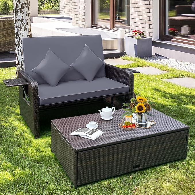 LDAILY Moccha Outdoor Daybed, Wicker Loveseat Sofa Set with 4-Postion Adjustable Backrest, Storage Ottoman, Cushions, Rattan Double Bed Lounger, Patio Furniture Set (Gray)