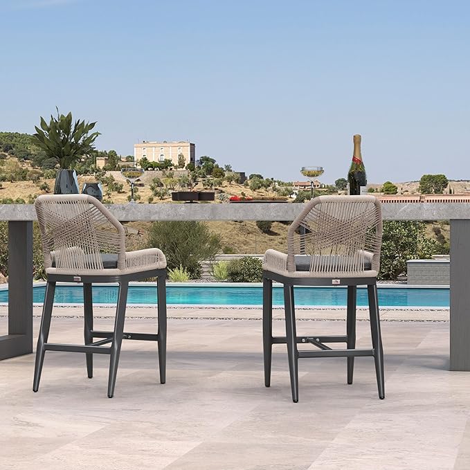 PURPLE LEAF Patio Bar Stool Counter Height Set of 4 Outdoor Rattan Chairs with Back Modern Aluminum Woven Barstools for Garden Indoor Kitchen Gray