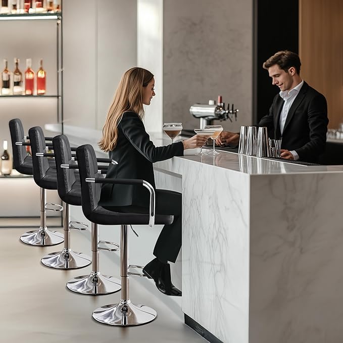 Yaheetech Bart Stools Set of 4, PU Leather Adjustable Barstools with Armrest, Counter Height Stool Chairs with Thickened Seat Cushion for Kitchen Island, Black