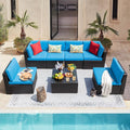 Devoko 7 Pieces Outdoor Sectional Sofa Patio Furniture Sets Manual Weaving Wicker Rattan Patio Conversation Sets with Cushion and Glass Table (Blue)