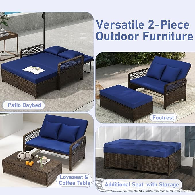 RELAX4LIFE Wicker Patio Outdoor Daybed - Rattan Sunbed Loveseat Sofa Set w/4-Level Adjustable Back, Cushions & Pillows, Storage Ottoman, 2-Person Bed Lounger for Backyard Porch, Patio Daybed (Navy)