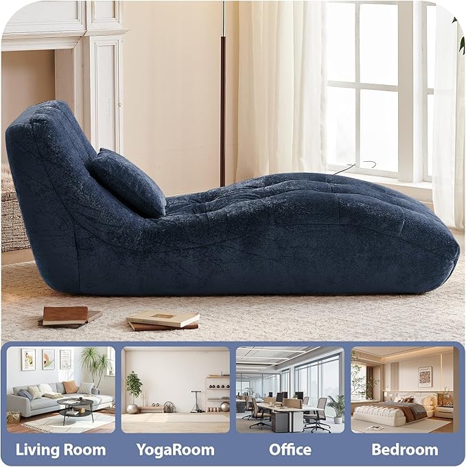 Chaise Lounge Chair with Curved Back, Modern Upholstered Recliner Sofa, Tufted Accent Lounger Comfortable Lazy Chair for Bedroom, Apartment (Blue)