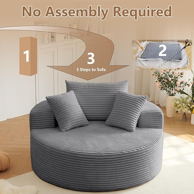 Oversized Round Chair Lounge Chaise Indoor, Upholstered Corduroy Deep Seat Cloud Large Circle Sofa Chair, No Assembly Required, Fluffy Modern Sleeper Sofa Bed for Reading, Living Room, Dark Gray