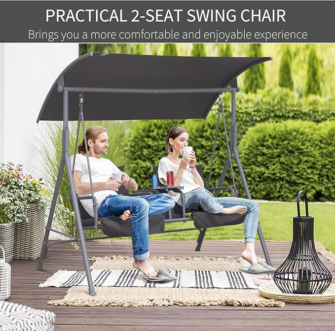 Outsunny 2 Person Porch Swing with Stand, Outdoor Swing with Canopy, Pivot Storage Table, 2 Cup Holders, Cushions for Patio, Backyard, Gray