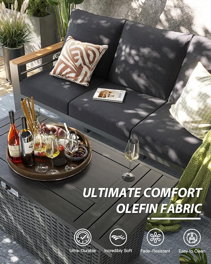 Aoxun Aluminum Outdoor Patio Furniture Set, 6-Piece Outdoor Sectional with 44'' Propane Gas Firepit Table, Patio Conversation Sets with Upgraded Armrests and Cushions for Backyard (Dark Grey,5 Seats)