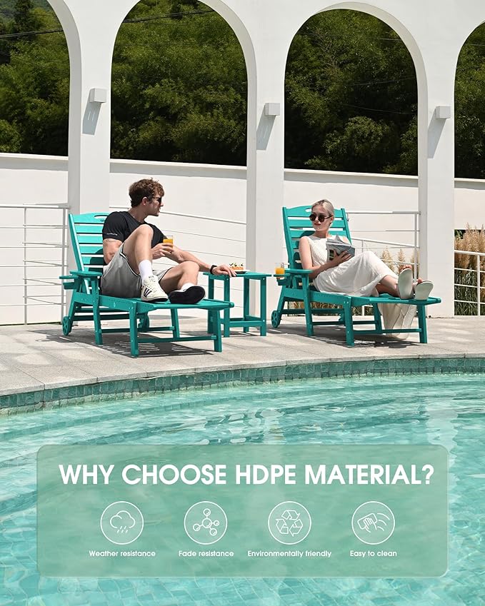 Lounge Chair Outdoor Set of 2, HDPE Chaise Lounge Outdoor with 6-Position & Wheels &Cup Holder, Pool Lounge Chair for Pool Poolside Deck Backyard Patio, Lake Blue