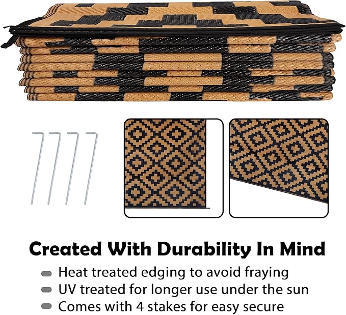 SAND MINE Reversible Mats, Plastic Straw Rug, Modern Area Rug, Large Floor Mat and Rug for Outdoors, RV, Patio, Backyard, Deck, Picnic, Beach, Trailer, Camping, Black & Brown, 9' x 18'