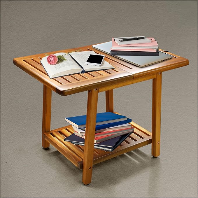 ENKEZI Acacia 24 Inches Outdoor Side Table, 2-Tier Sturdy Patio, End Table Weather Resistant, Strong Stability Side Table for Patio, Pool, Porch, Teak Finish (Large)