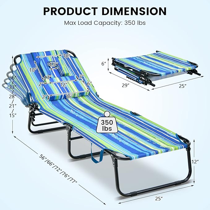 GYMAX Tanning Chair, 350lbs Beach Lounge Chair with Face Hole, Washable Pillow & Carry Strap, Adjustable Folding Chaise Lounge, Layout Lounger for Outside, Patio, Poolside, Lawn (2, Stripe)