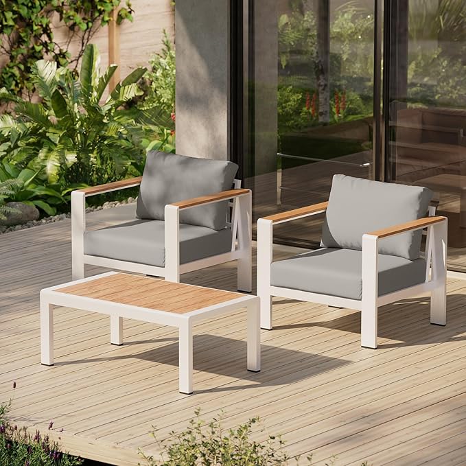 Aluminum Outdoor Sofa Bistro Set, 3 Piece Outdoor Patio Furniture Set with Washable Thick Cushion, Patio Sectional Furniture Set for Porch, Balcony, Deck, Yard, White
