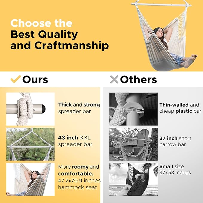 ADVOKAIR Hammock Chair Hanging Chair Rope Swing XXL - Max 500lbs, 70in Large Hammock Swing Chair -Portable Steel Spreader Bar with Anti-Slip Rings-Roomy & Strong