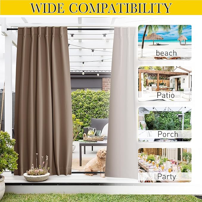 NICETOWN 2 Panels Outdoor Curtains Waterproof Pocket & Back Tab on Top & Bottom, Thermal Insulated Windproof Sun Blocking Outside Privacy Drapes for Patio with Fixed Rope, W84 x L84, Tan