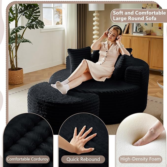 74.6" Oversized Round Chaise Lounge Chair with Ottoman Indoor, Fluffy Upholstered Corduroy Deep Seat Large Boneless Circle Couch Sofa Chairs for Living Room, Bedroom, No Assembly Required, Black