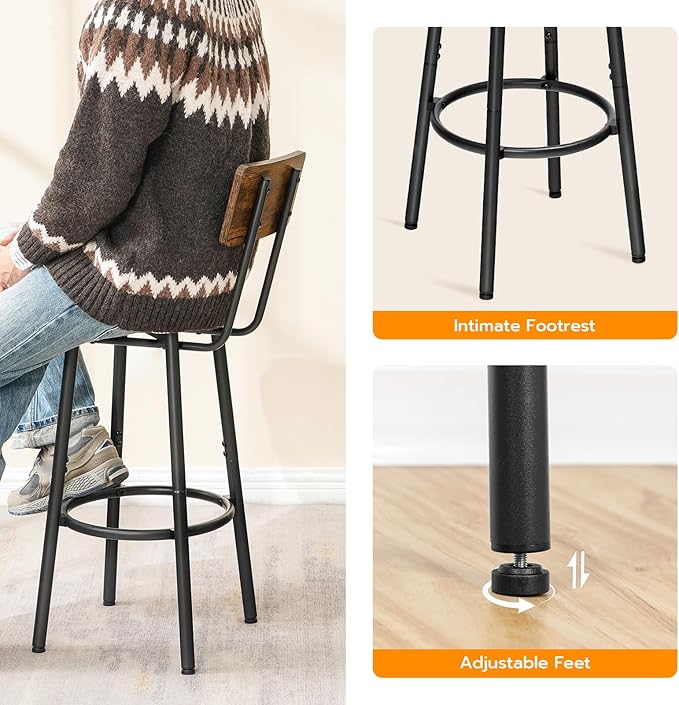 HOOBRO Bar Stools,Set of 2 Round Bar Chairs with Back,25.2" Bar Chairs for Kitchen Island, Dining Room,Counter Height Bar Stools, Easy to Assemble, Rustic Brown and Black BF32BY01G2