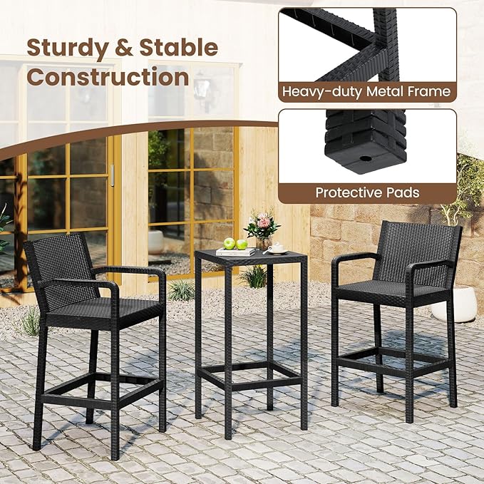 Tangkula 3 Pieces Patio Bar Set, Oudoor Curved Heavy Duty Bar Chairs and Square Table for 2, for Garden, Balcony, Poolside, Black