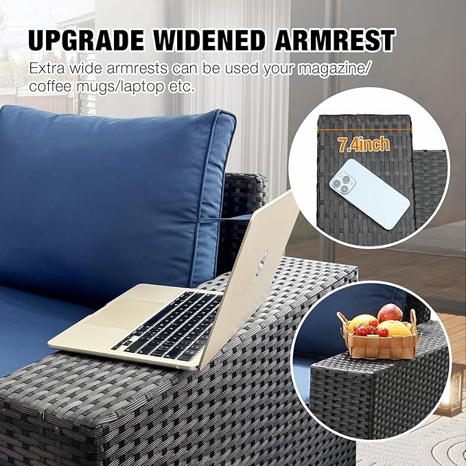 6 Pieces Patio Furniture Set All-Weather Outdoor Wicker Sectional Conversation Sofa Rattan Patio Seating Sofa with Cushion and Glass Table for Porch Poolside,Navy