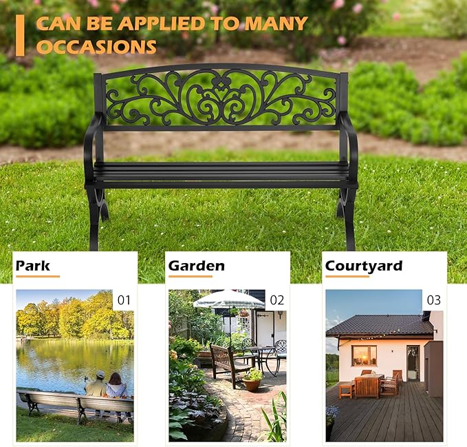 PayLessHere Black Outdoor Metal Loveseat Chairs Patio Garden Bench 50-inch Slatted Seat Armrests Floral Design Plastics Backres Perfect for Park, Yard, Porch, Lawn, Balcony, Backyard