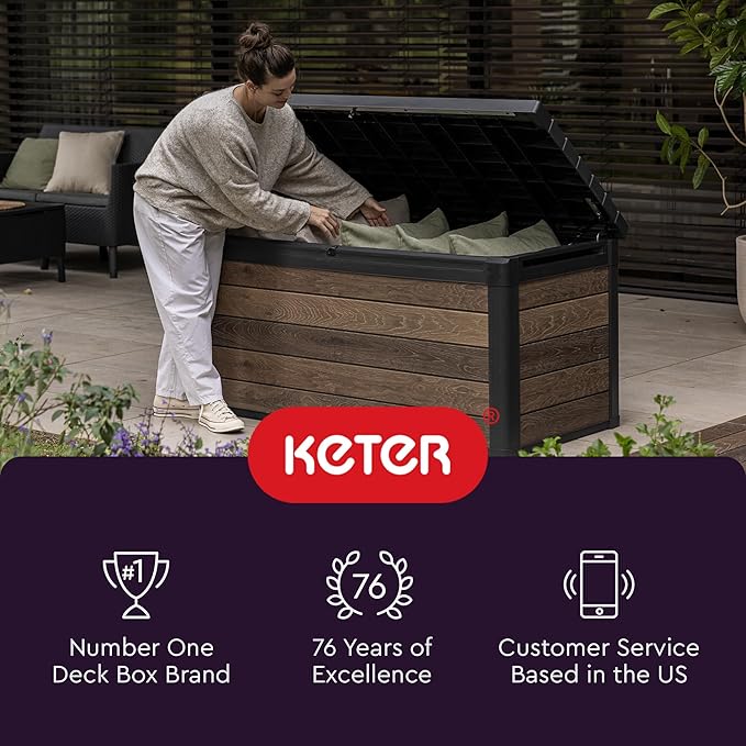 Keter Kentwood 50 Gallon Resin Deck Box for Outdoor Storage – Weather‑Resistant Balcony & Patio Box for Cushions, Throw Pillows & Garden Tools, Brown