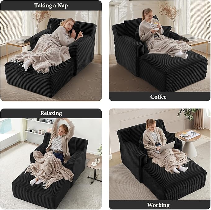 65.4" Chaise Lounge Chair Indoor, Oversized Boneless Chaise Lounge Comfy Sleeper Sofa Bed with 3 Pillows, Corduroy Cloud Reading Chair for Living Room No Assembly Required