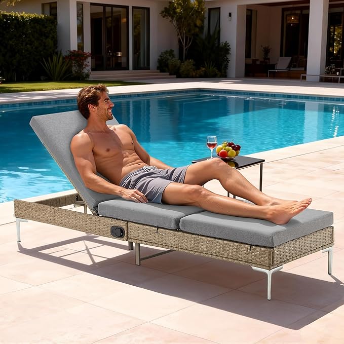 HOMREST Outdoor Chaise Lounge Chair, Patio Wicker Recliner with Pneumatic Adjustable Backrest, Rattan Pool Sunbathing Chair Suitable for Poolside & Backyard with Removable Cushion (Grey)